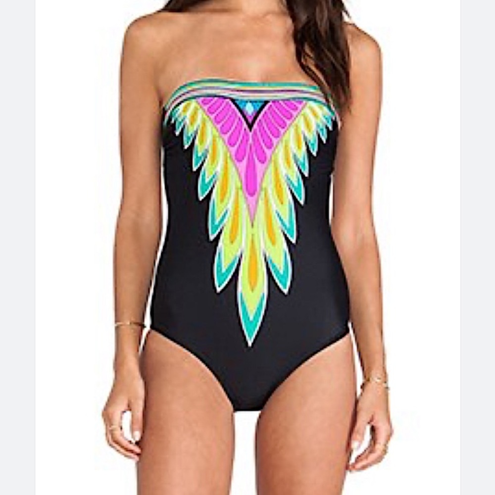 Trina Turk Black Strapless One-Piece with Neon Pink, Yellow & Teal Print
